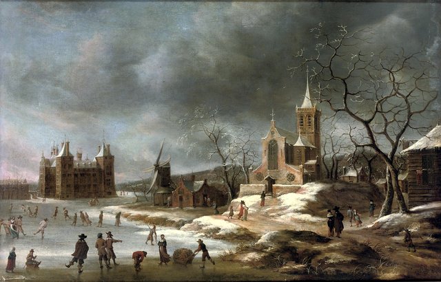 A winter landscape with activities on the ice near Castle Buren, in Gelderland. by Jan Abrahamsz Beerstraaten