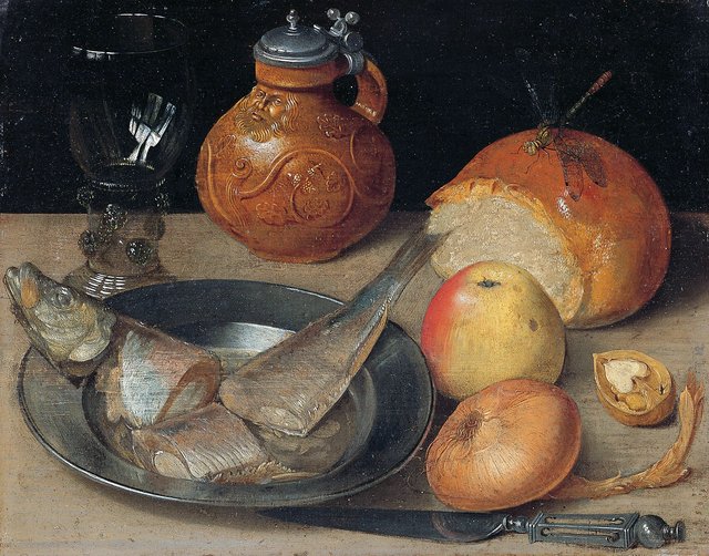 Still-life with herring pewter and stoneware jug by Georg Flegel