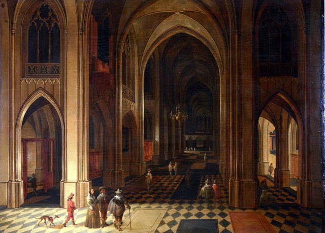 Interior of a Gothic church with some visitors by Pieter Neefs the Elder