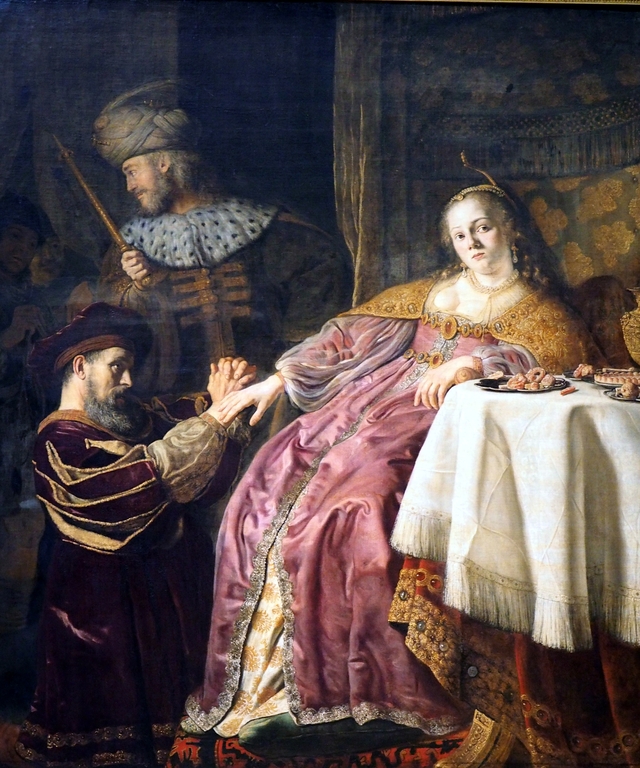 Haman begging Queen Esther for his life, while King Ahasuerus orders his execution  (Esther 7:7) by Jan Victors