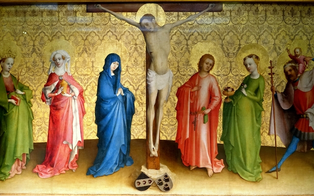 The crucifixion of Christ with Saints by Stefan Lochner