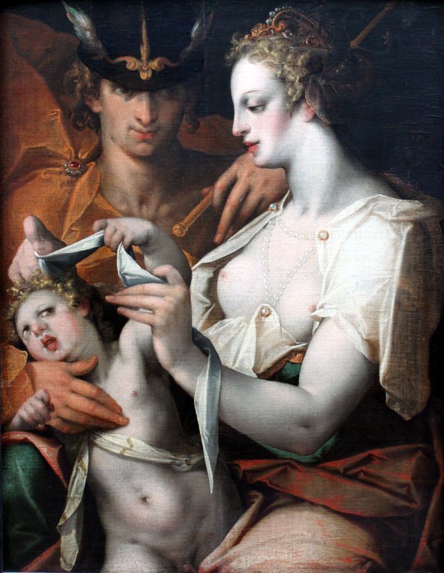 Venus and Mercury put a blindfold over Cupid's eyes by Bartholomeus Spranger
