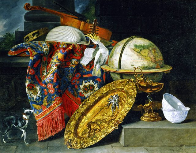 Still life with globe, musical instruments and dog by Pieter Boel