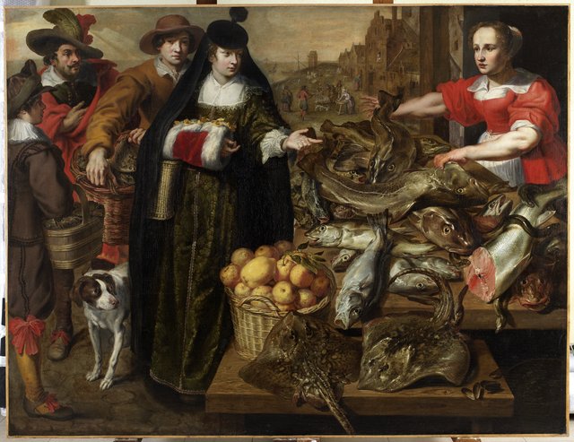 Lady at the fishmarket in Antwerp by Adriaen van Utrecht