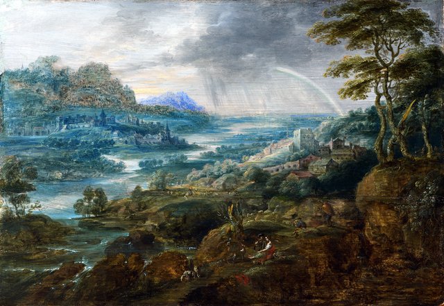 Landscape with a rainbow by Lucas van Uden