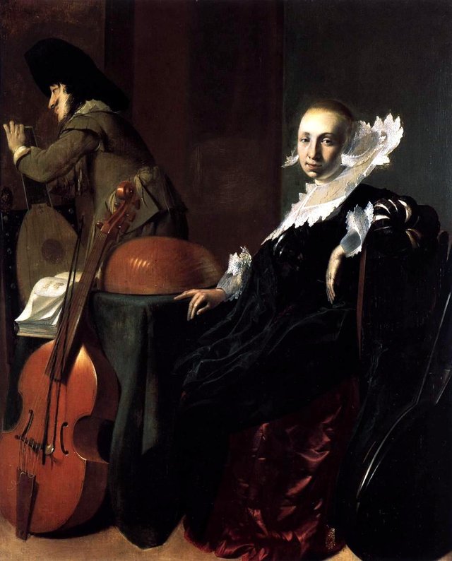 Young woman sitting and young man standing in an interior with musical intruments by Willem Cornelisz Duyster