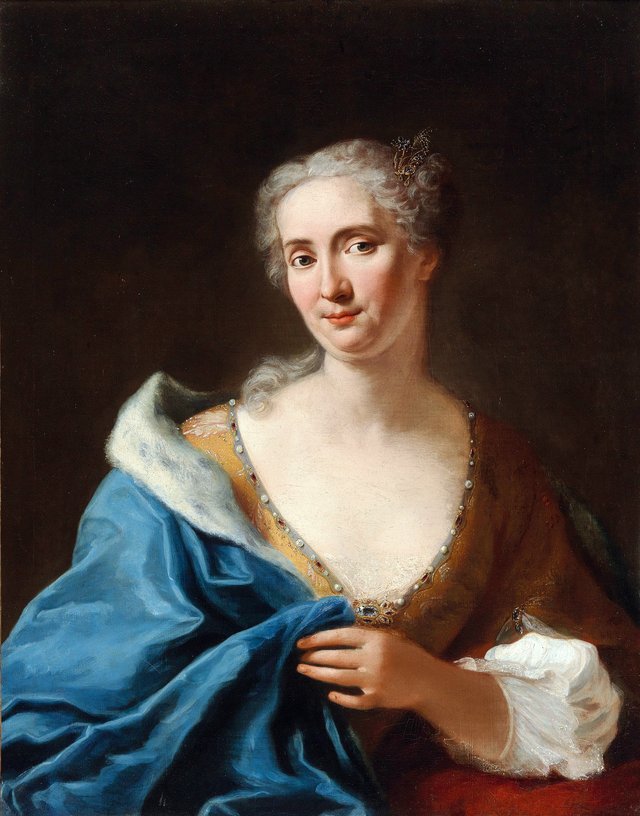 Portrait of a lady, half-length, in a golden dress with a blue fur-lined wrap by Gaspare Traversi
