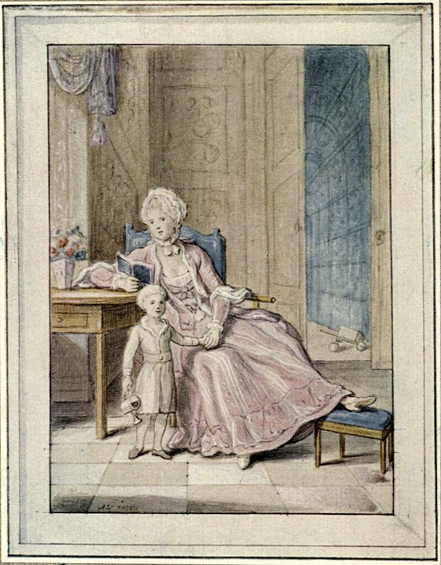 Queen Caroline Mathilde of Denmark with crown prince Frederik. First sketch. by Peder Als