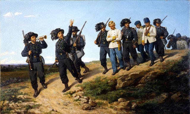 Episode of the  Second Italian War of Independence. Return of bersaglieri from a reconnaissance by Silvestro Lega