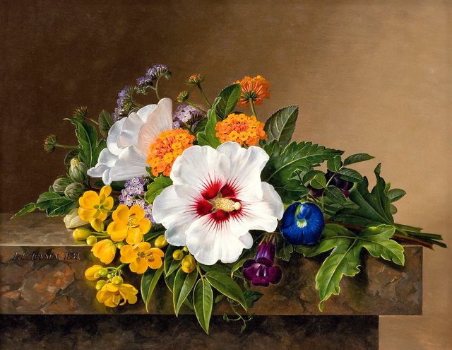 Fleurs sur une table de marbre by Johan Laurentz Jensen