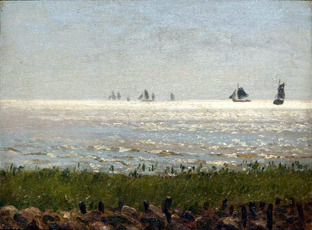 Ships at sea off the coast. by Wilhelm Xylander