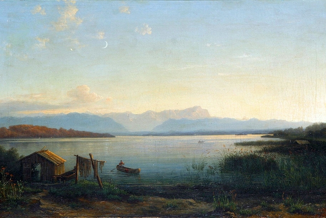 View of a lake with a man in a rowboat. by Wilhelm Xylander