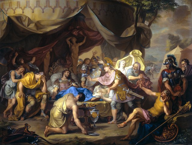 The death bed of Epaminondas, commander of the Theban army in the battle against Sparta by Isaac Walraven
