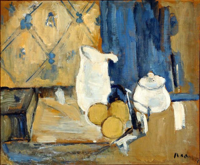 Still life with pitcher, jug and fruit on a table by Immanuel Ibsen