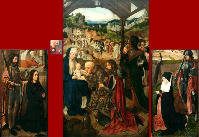 The Adoration of the Magi, altarpiece with shutters; left shutter, the donor with St Bavo; right shutter, the donor's spouse with St Adrian by Geertgen tot Sint Jans