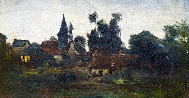 Landscape with church by Augustin Théodule Ribot