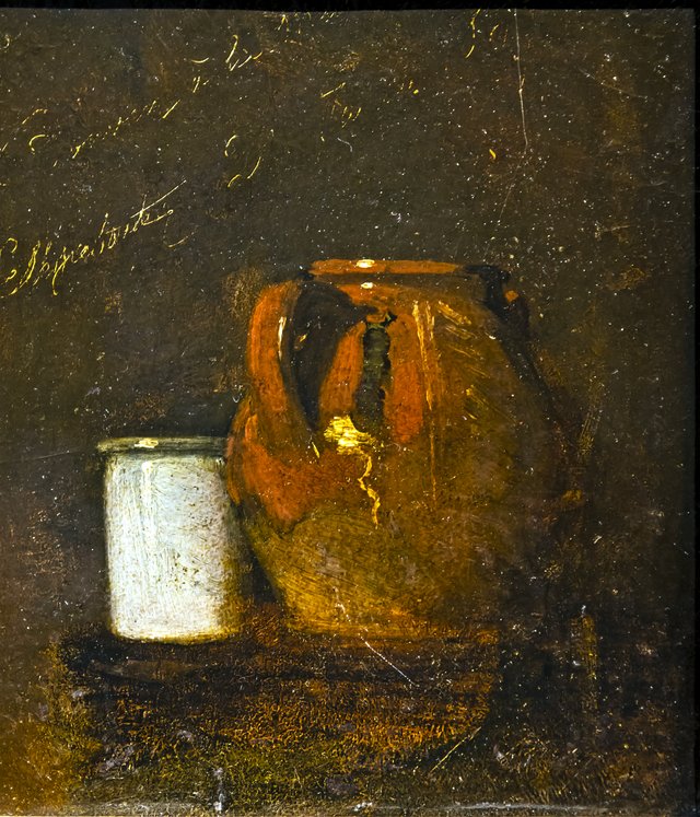Still life, two glazed earthenware pots. by François Bonvin