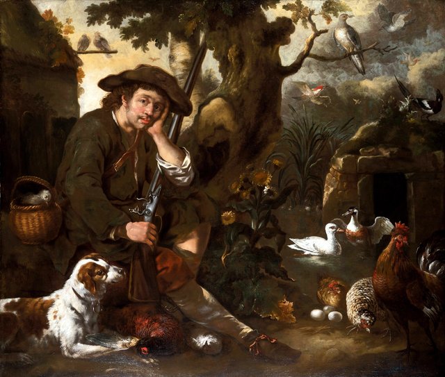 A huntsman resting by a tree with a hound, chickens and other birds by Bernhard Keil