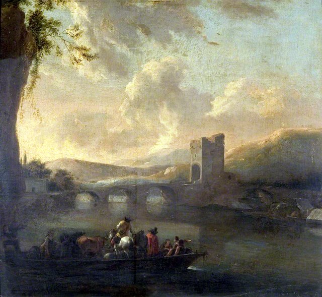 A Ferry Boat Crossing a River by Willem Schellinks