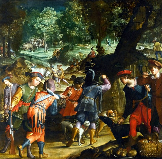 Extensive landscape with an elephant hunt by Stradanus