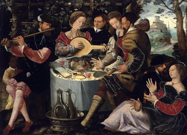 Elegant company with musicians seated at a table with fruit and wine, in a landscape by Ambrosius Benson