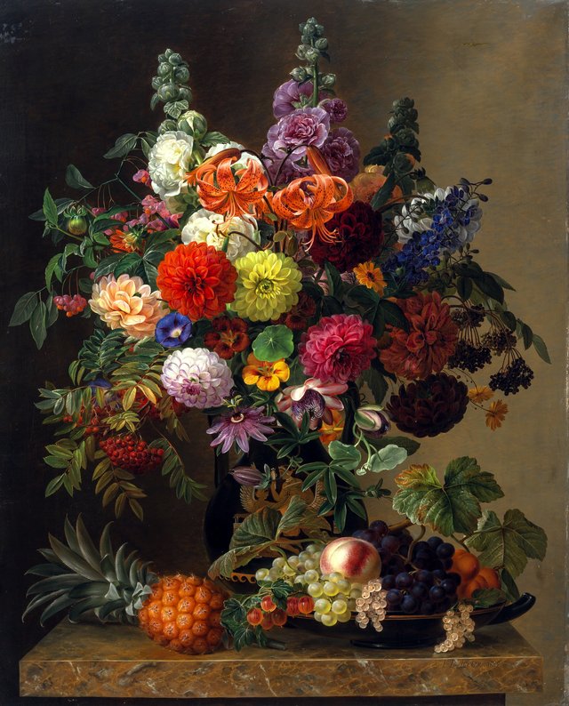 Still life with flowers and fruit by Johan Laurentz Jensen