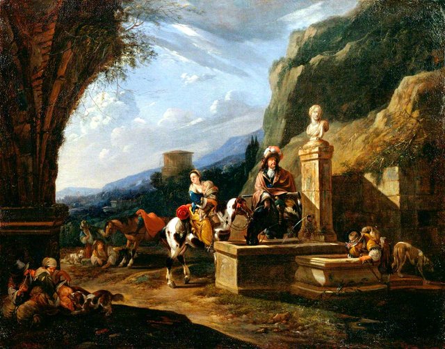 Halting of Mountain Travellers at a Fountain by Johann Heinrich Roos