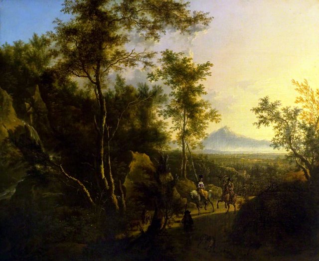 A Wooded Scene with a Sportsman, His Dog and a Hawking Party by Frederik de Moucheron