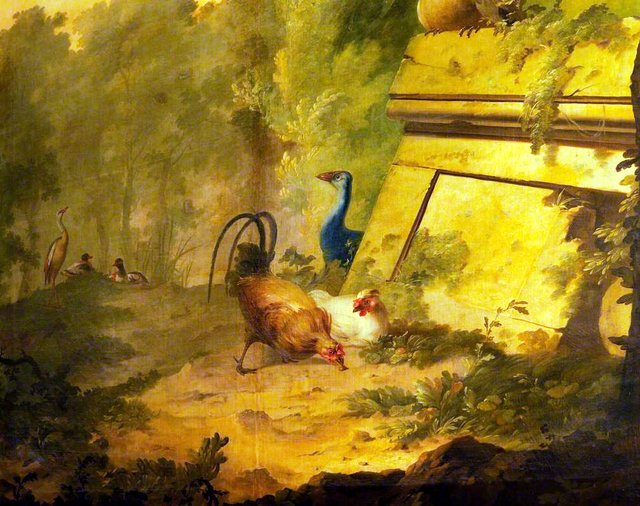 A Ruined Tomb in a Park with Hens, Ducks, and Oriental Geese (detail) by Aert Schouman