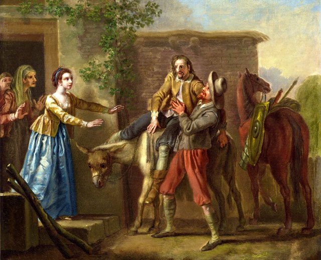 Don Quixote Brought Home by the Peasant after the Tilt with the Toledo Merchant by Francis Hayman