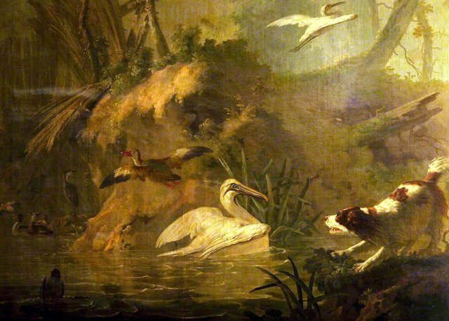 A Wooded River Bank with a Spaniel Barking at a Pelican and Other Birds (detail) by Aert Schouman