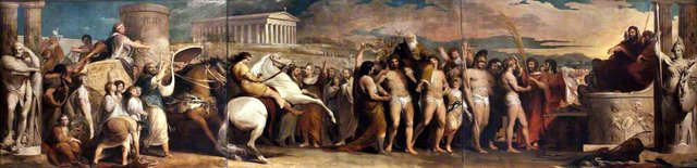 Crowning the Victors at Olympia (3 panels; painting 3 of 6 in the series 'The Progress of Human Knowledge and Culture') by James Barry