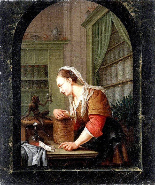 A Woman in a Pharmacy with a Urine Flask and a Monkey Holding an Empty Flask, at a Casement (after Jacob Toorenvliet) by Willem Joseph Laquy