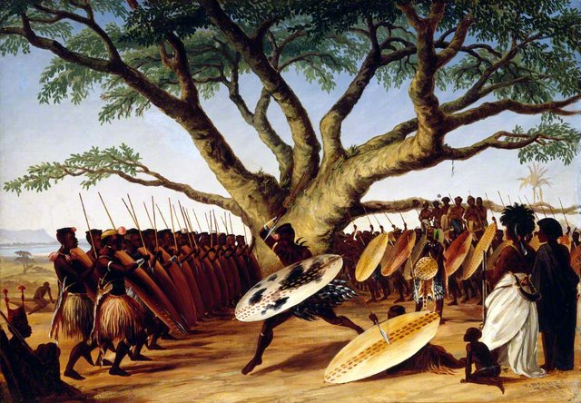 War Dance under a Fig Tree by Zulus by Thomas Baines