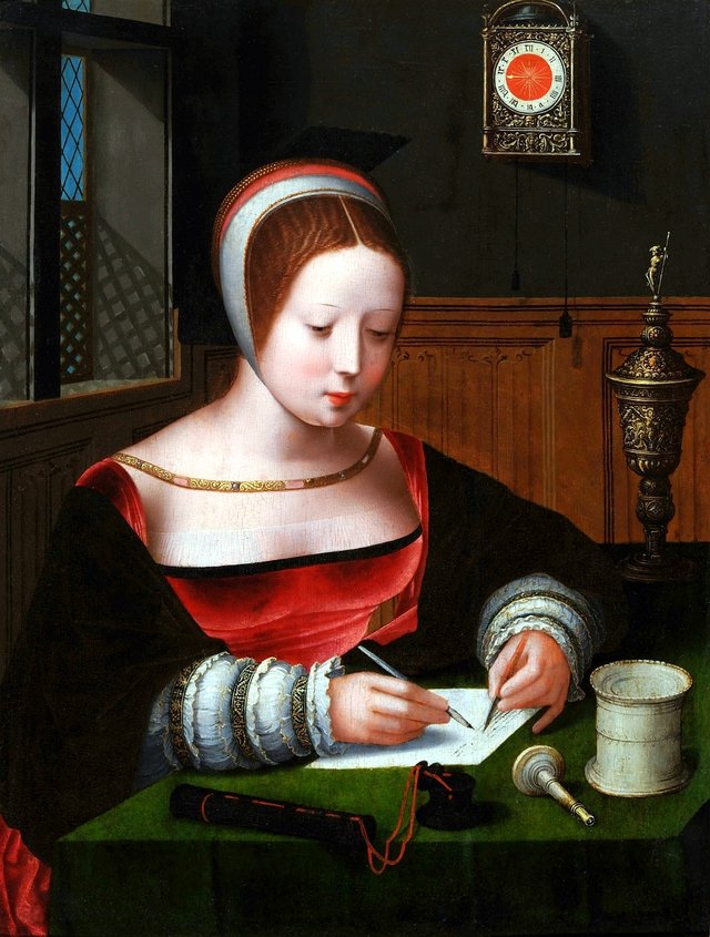 Mary Magdalene writing. by Master of the Female Half-Lengths