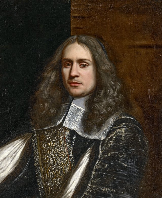 Portrait of a man, bust-length, in a gilt-thread black doublet and lace collar by Wallerant Vaillant