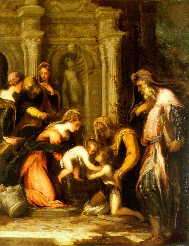 Sacra Conversazione, Virgin and Child, Infant Saint John the Baptist and Saints Zachariah, Elizabeth, Joseph, Catherine and possibly Mary Magdalene by Andrea Schiavone