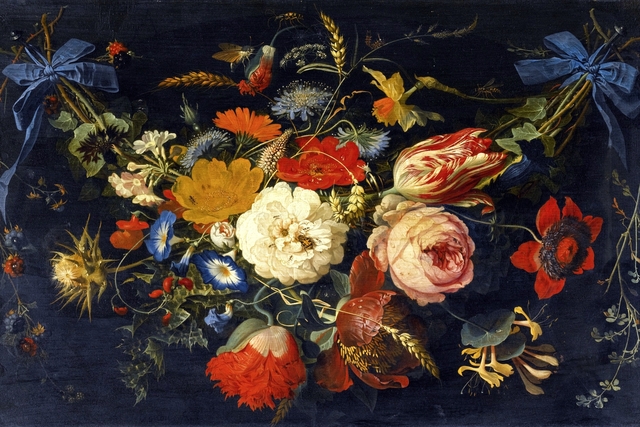 Hanging garland of flowers and fruit, including roses, tulips and raspberries, along with a variety of insects by Abraham Mignon
