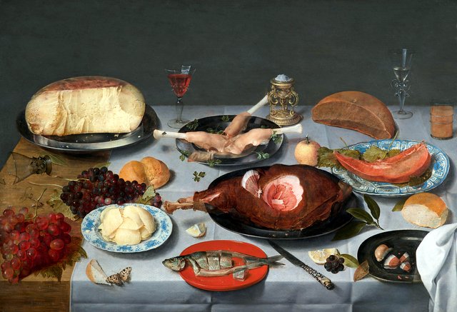 Still life with oysters, roasted chicken, sweets and dried fruits by Jacob van Hulsdonck