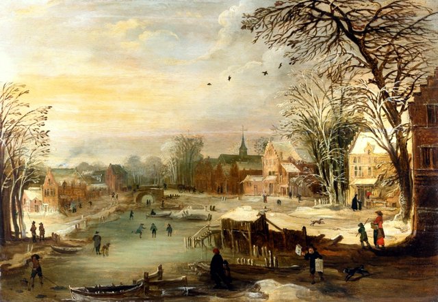 Winter village landscape by a frozen river by Joos de Momper the Younger