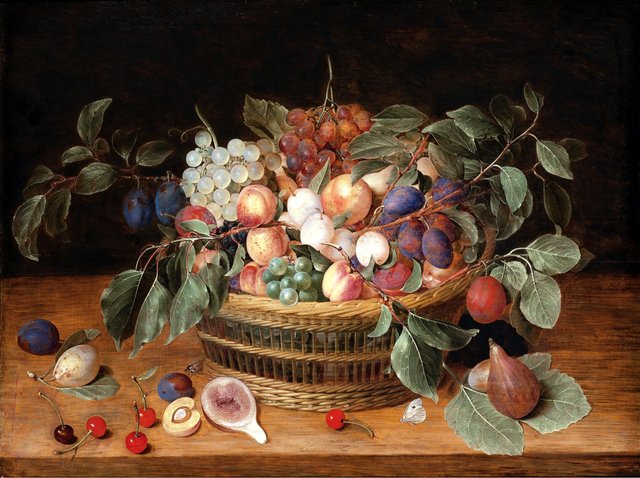 Still life with peaches, plums and grapes in a basket on a ledge by Jacob van Hulsdonck
