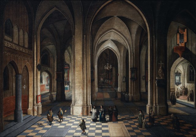 Interior of a cathedral at night, with elegant figures attending a mass by Pieter Neefs the Younger