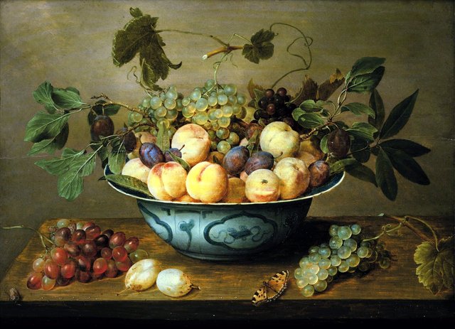 Still life with peaches, prunes and grapes in a Wanli 'kraak' porcelain bowl on a wooden table with a butterfly and a scarab beetle by Jacob van Hulsdonck