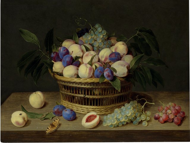 Peaches, plums and grapes in a wicker basket, with fruit and a butterfly on a wooden table by Jacob van Hulsdonck