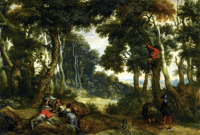 Wooded landscape with brigands playing dice, another brigand up in a tree, on the lookout by Jan Wildens