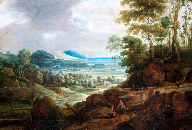 Gleaners and herdsmen tending their flocks with an open landscape beyond by Jan Wildens