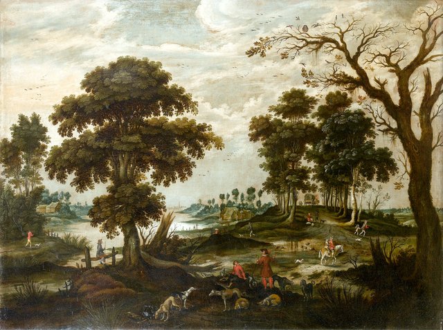 An elegant company departing for the hunt before an open landscape by Jan Wildens