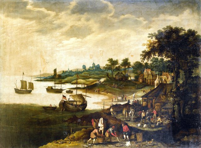 River landscape with fishermen returning to shore, with shipping in the distance by Jan Wildens