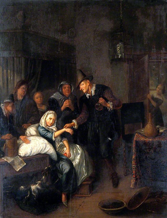 A Medical Practitioner Taking a Girl's Pulse and Holding a Flask of Her Urine by Richard Brakenburgh