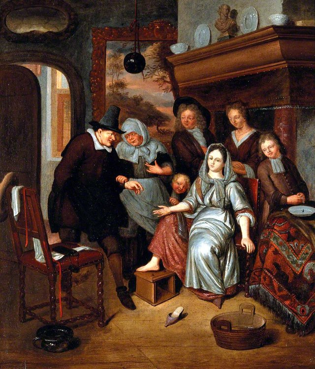 A Surgeon Preparing to Let Blood from the Foot of a Girl, in the Presence of Five Other Figures by Richard Brakenburgh